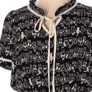 Modcloth Black Dress with Cream Cat Print and Trim